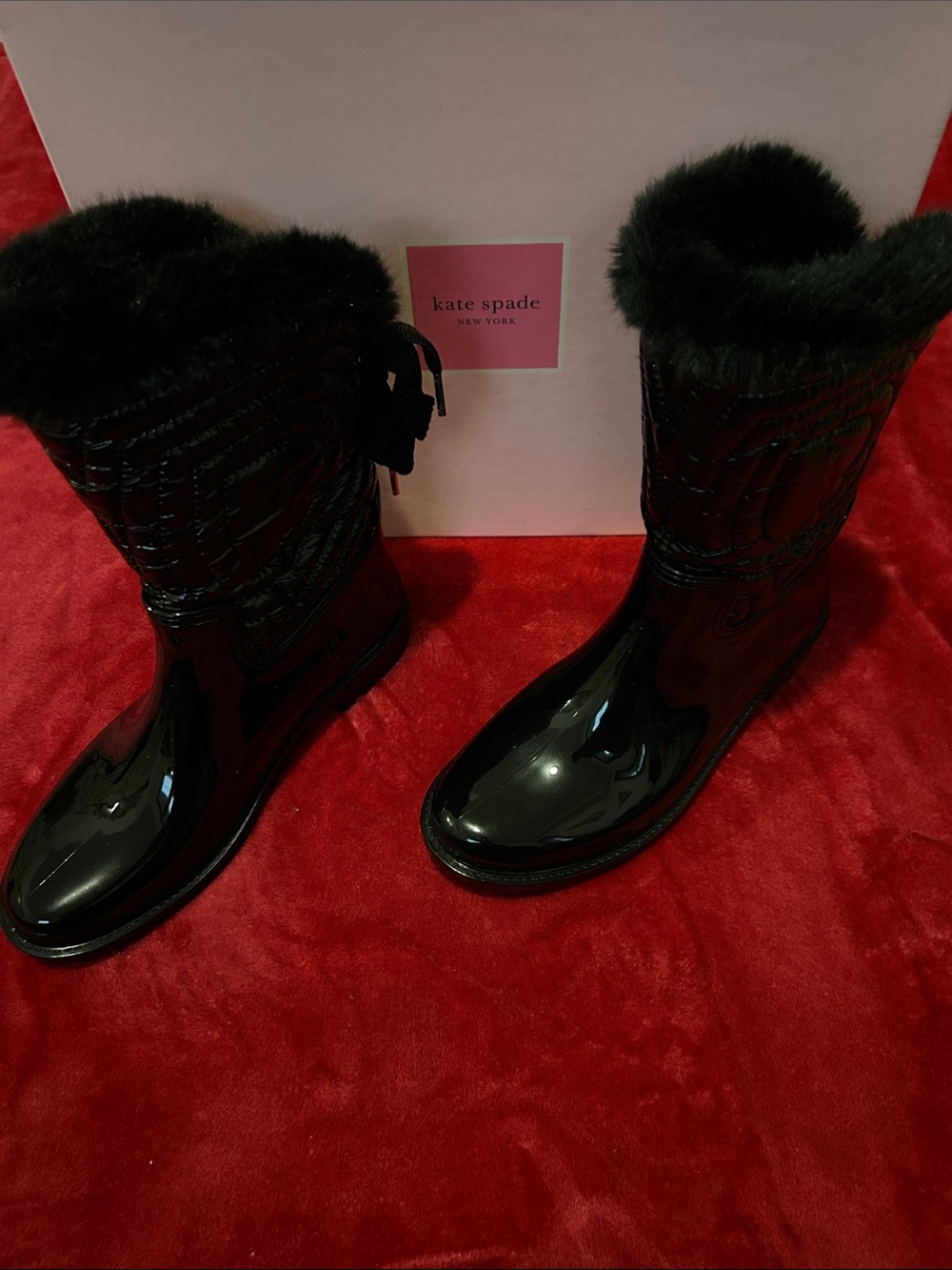 kate spade Black Patent Faux-Fur Trim Rain Boots